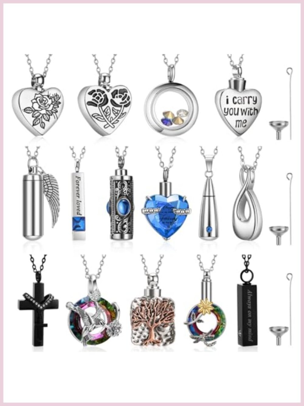 15 Pc Stainless Steel Urn Necklaces for Ashes | Cremation Jewelry Set